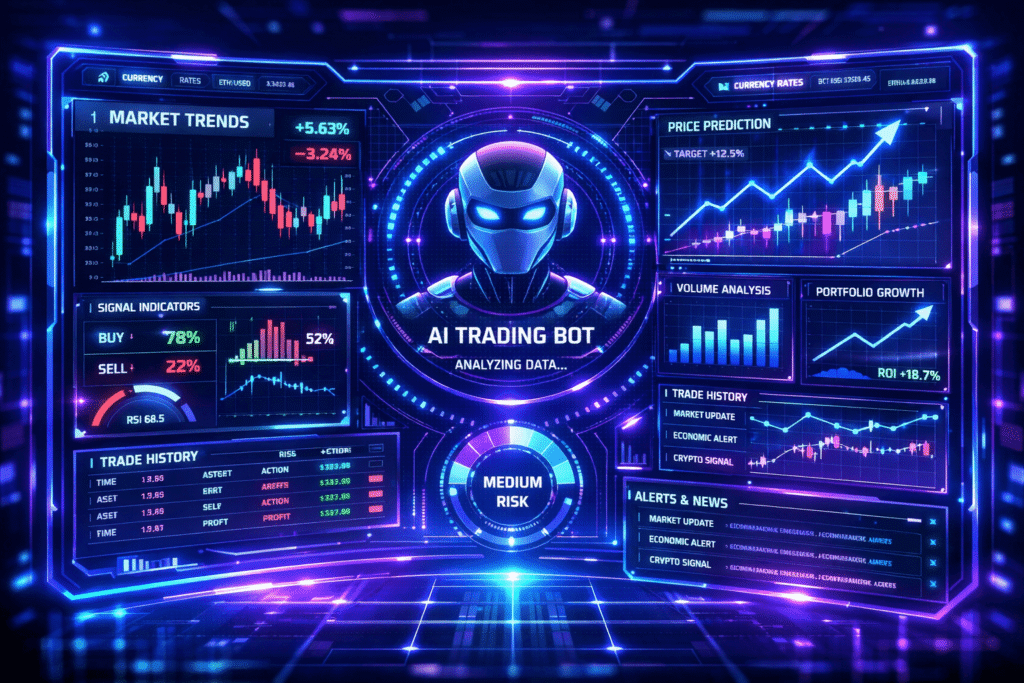 "AI trading bots 2026 dashboard showing real-time market analysis"