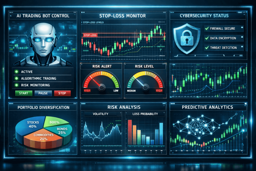 AI trading risk management strategies dashboard showing real-time portfolio monitoring